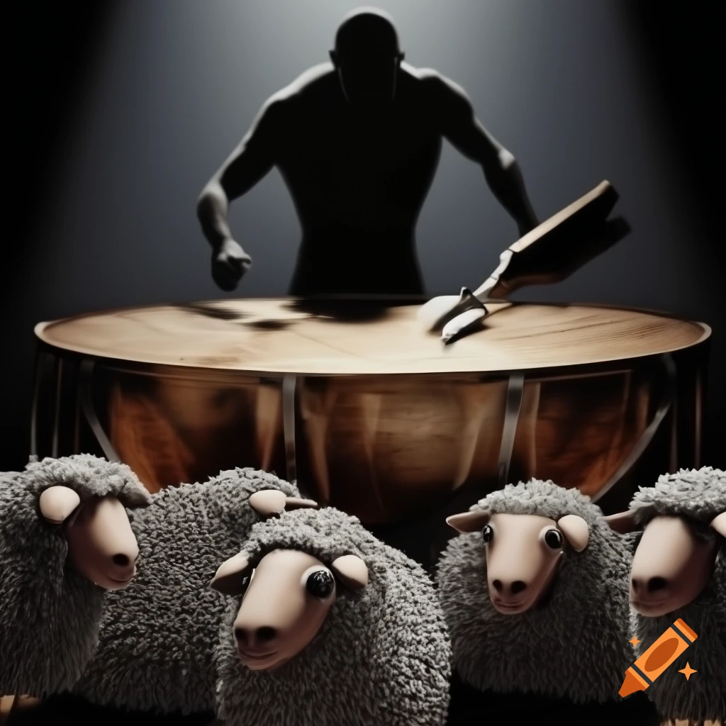 A.I. image generated from haiku text of looming human figure behind a tympani with sheers with a flock of sheep in the foreground 
