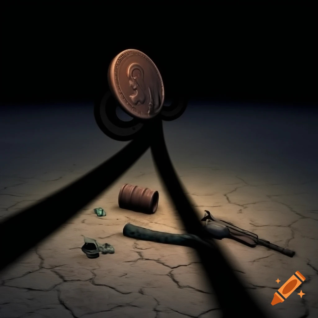 A.I. image generated from haiku text of a large penny overshadowing gun, oil,and cracked scorched earth