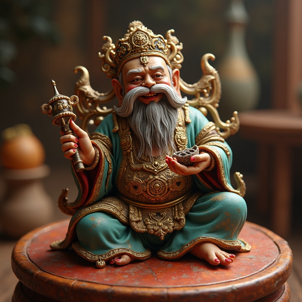 A.I. image generated from haiku text of a small ceramic knickknack of a seated riches adorned bearded royal in the eastern style.