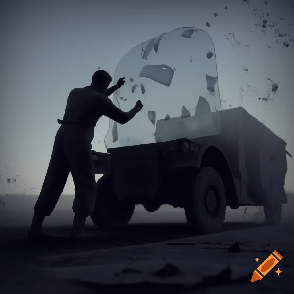 A.I. image generated from tanka text of single figure peeling paper off an enlarged and bloated vehicle windscreen