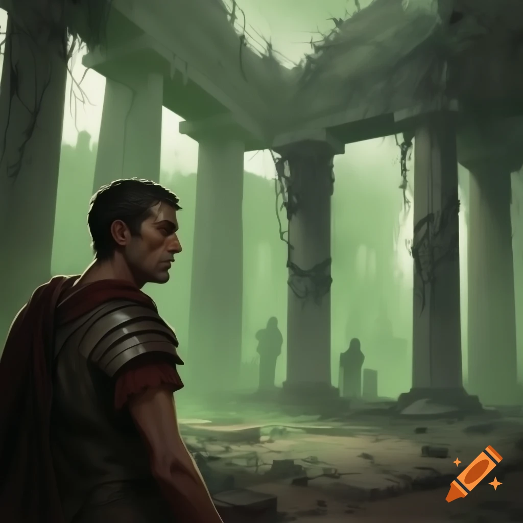 A.I image generated from tanka text of lone legionnaire amongst the ruins of civilization