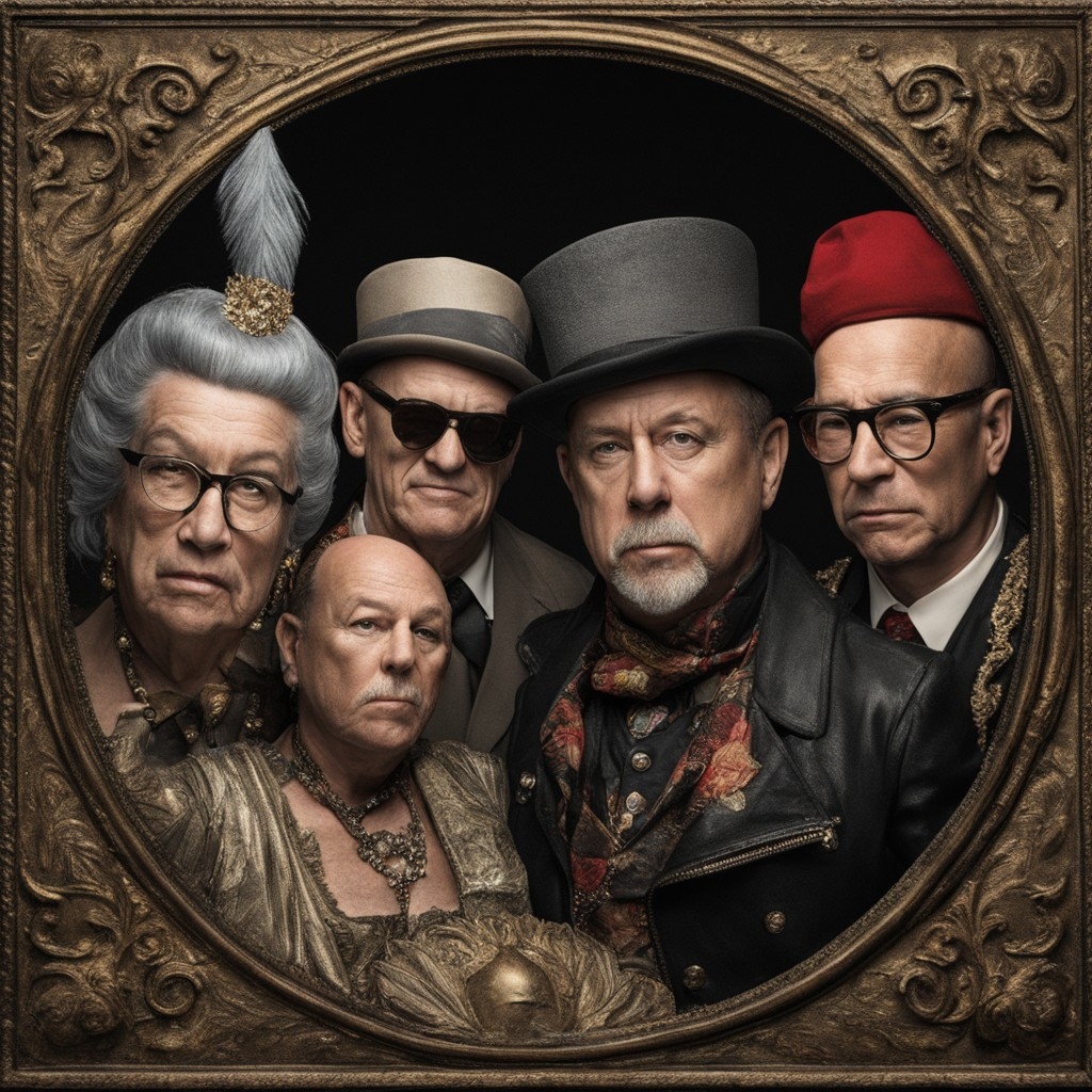 A.I image generated from tanka text of a vignetted bas-relief of nefarious looking rascals from various places and times in steampunk cosplay