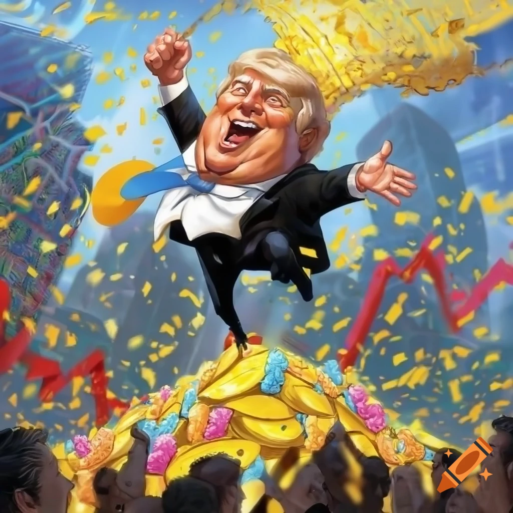 A.I. image created from tanka text of Prez celebrating his ill-gotten gains of piles of gold with fluctuating market graphs in the background 