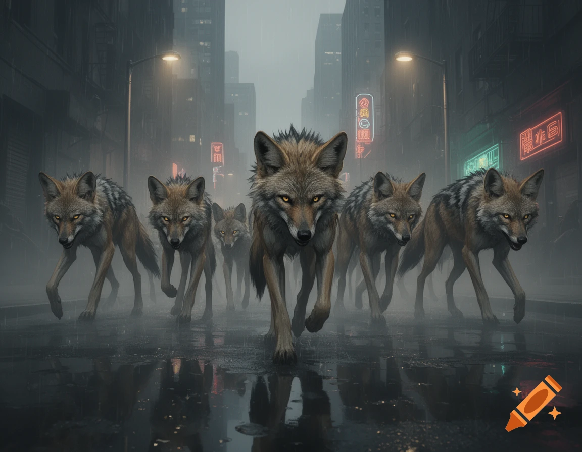 A.I. image generated from haiku text of a pack of jackals on city streets. craiyon.com