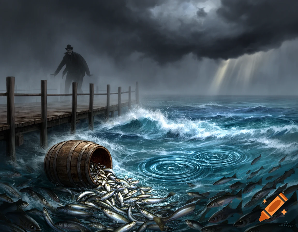 A.I image generated from haiku text of barrel of fish dumped of jetti as shadow figure skulks away. craiyon.com