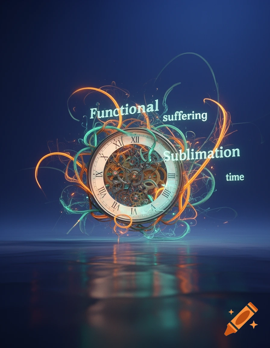 A.I. generated image from haiku text with key words functional, suffering,sublimation, and time; over a colorful ribbon spinning clock face craiyon.com 