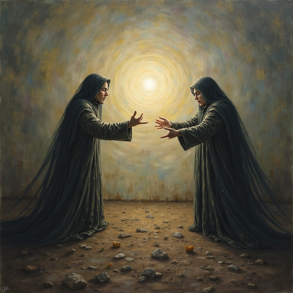 A.I. image generated from haiku text of two cloaked figures imploring each other in a stark dark wasteland