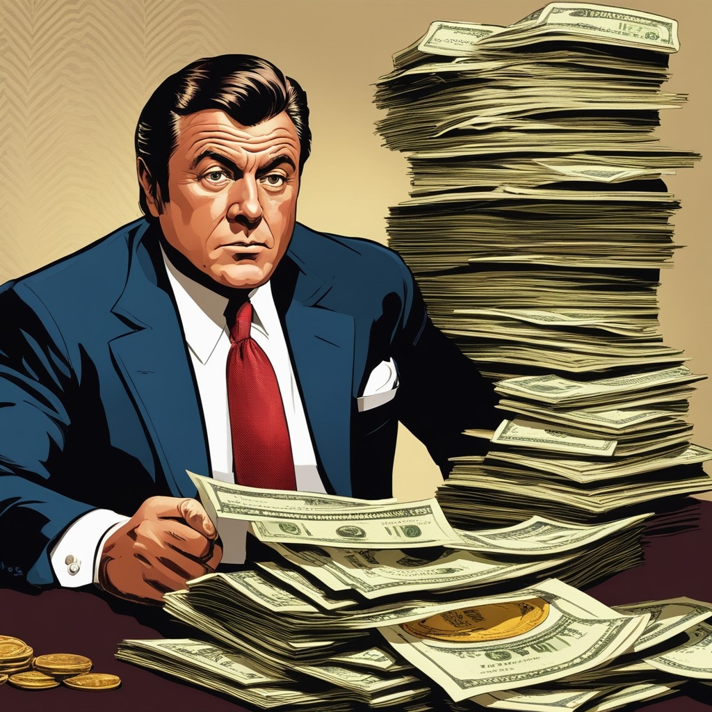 A.I. image generated from haiku text off blue suit red tie wearing person sitting at a desk with stacks of cash