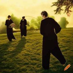 A.I. image generated from haiku text of human figures in black attire out on a green expanse craiyon.com