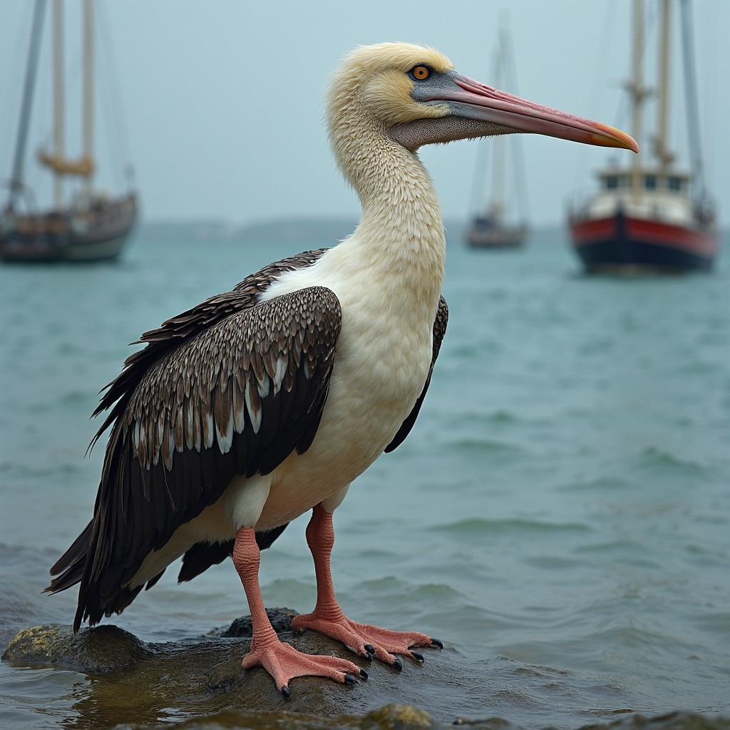 A.I. image generated from the prompt, "Chuck the albatross." of an sledged albatross with three sailboats on the water background.