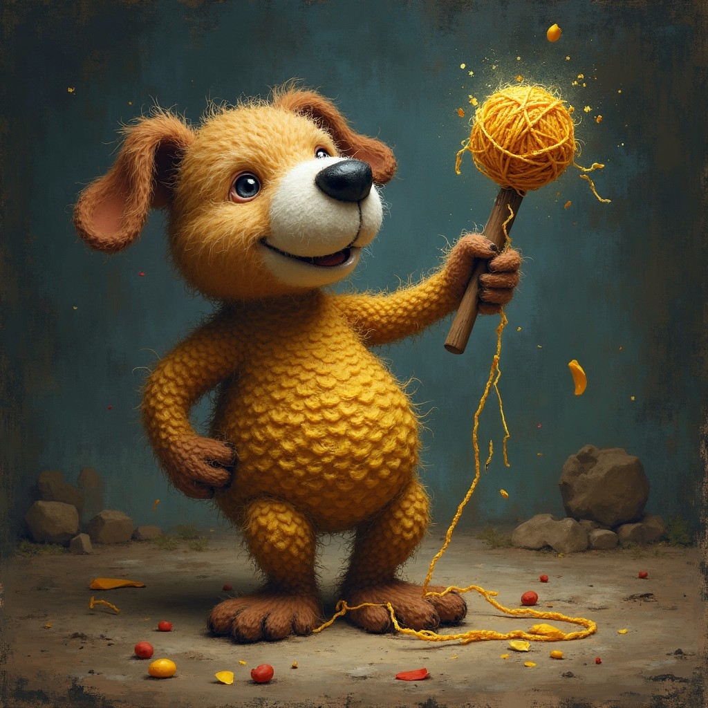 A.I. image generated from haiku text of a fuzzy knitted critter holding up a ball of yarn on a stick