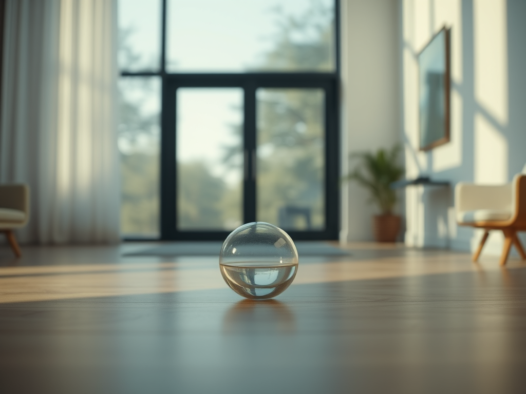 A.I. image generated from haiku text of a small sphere half filled with fluid on the floor of a sunny waiting room