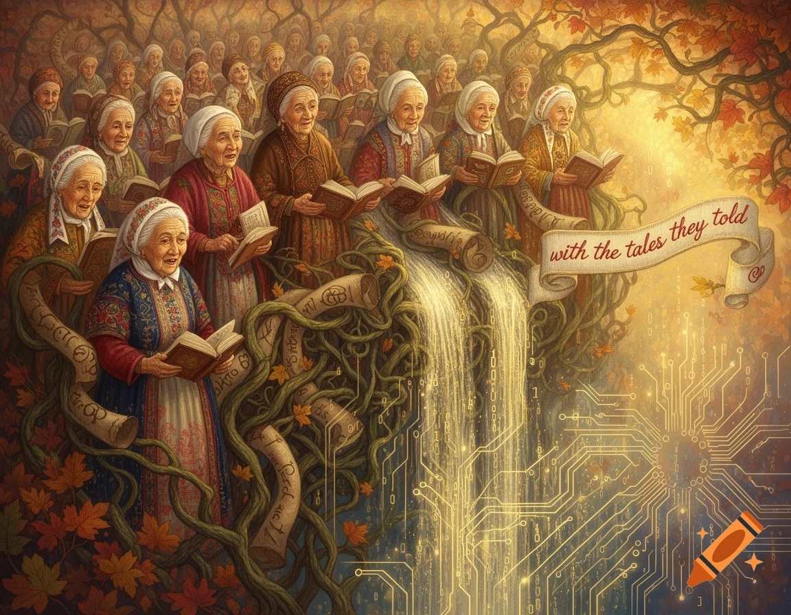 A.i. image generated from haiku text of a crowd of chronologically gifted people pouring their offerings into circuitry 