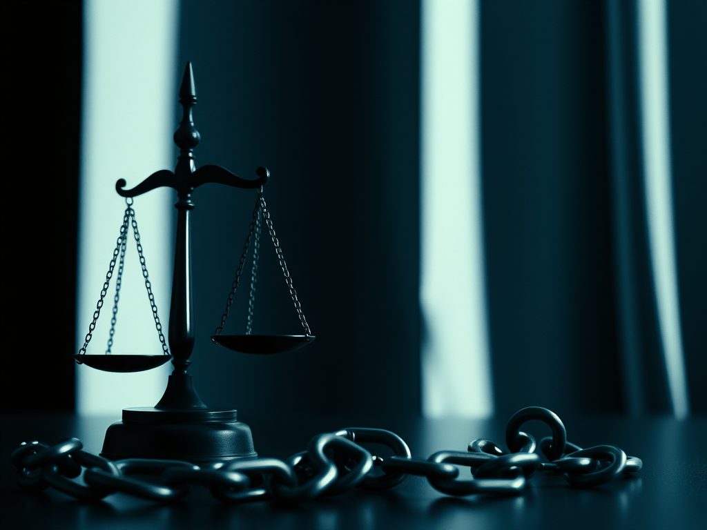 A.I. image generated from haiku text of shadowy scales of justice and chains in a shrouded room 