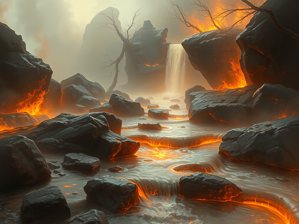 A.I. image generated from haiku text of a fiery flowing creek running through and over blackened rocks 