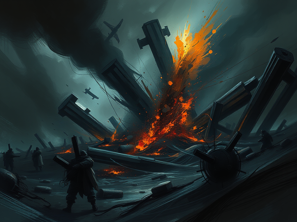 A.I. image generated from haiku text of fiery ruination, destruction, and carnage rained down from above 