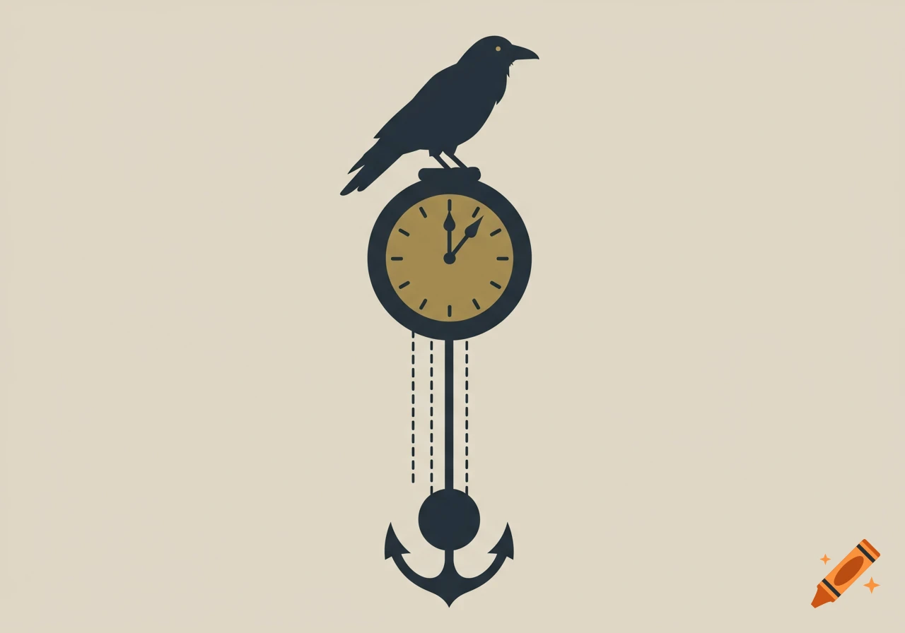 A.I. image generated from haiku text of a raven perched on a clock with an anchor shaped pendulum 