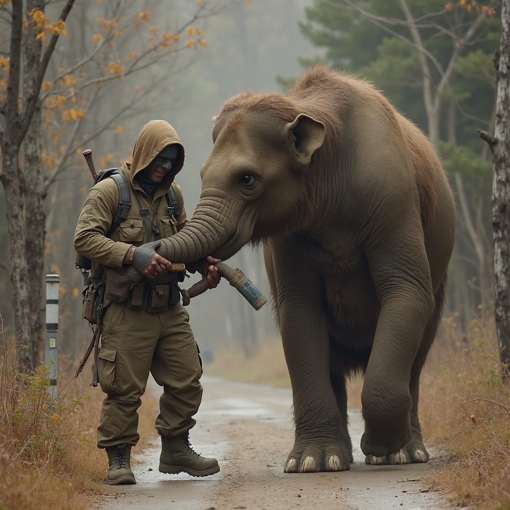 A.I. image generated from haiku text of a warrior human and a pachyderm walking down the same path towards us