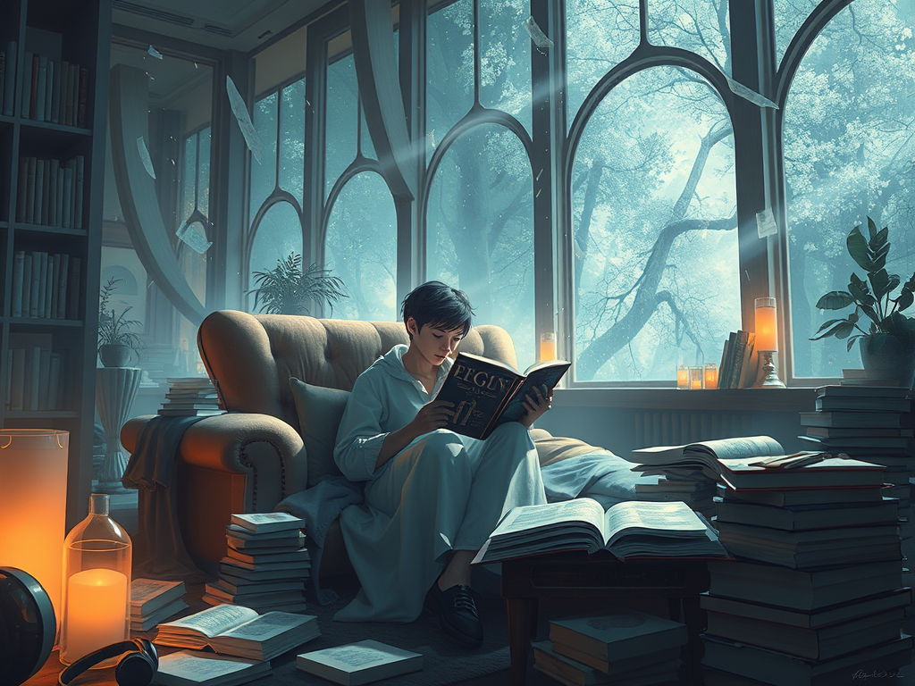 A.I. image generated from haiku text of young person reading, surrounded by books, in an idyllic setting