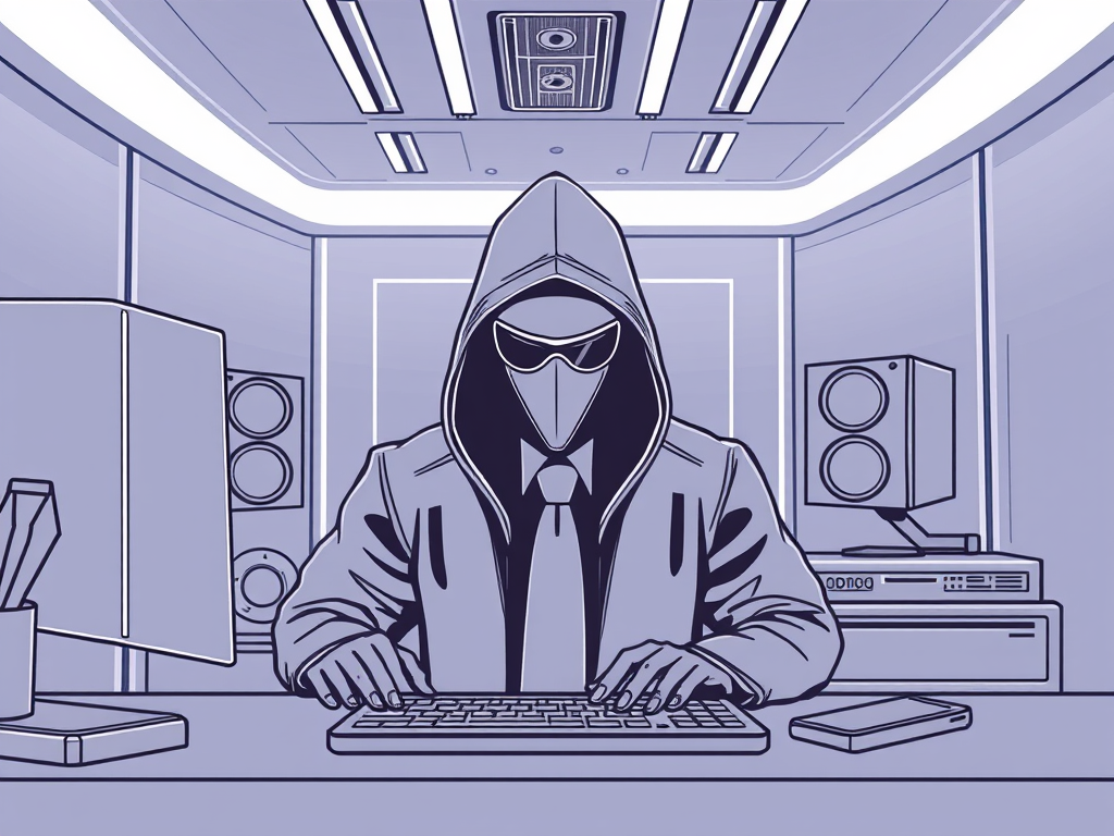 A.I. image generated from haiku text of a line drawing hooded figure wearing a tie in a studio typing