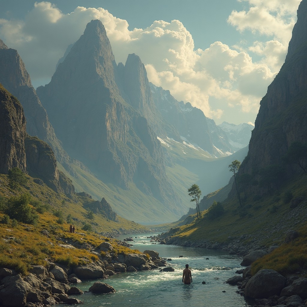 A.I. image generated from haiku text of a stream under puffy white clouds running through majestic peaks with a single human figure standing in that stream and distant figure further on the bank.