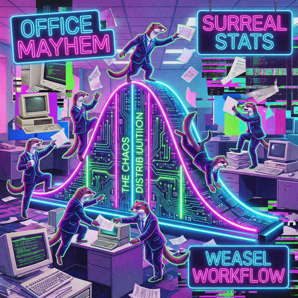 A.I. image generated image from haiku text of neon signs reading OFFICE MAYHEM, SURREAL STATS, and WEASEL WORKFLOW surround suited weasels in a chaotic office with a bell curve labeled THE CHAOS DISTRIBUITION.