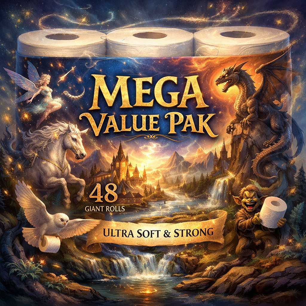 A.I. image generated from the prompt Mega value pack packaging with fantasy characters and 48 giant rolls of toilet paper