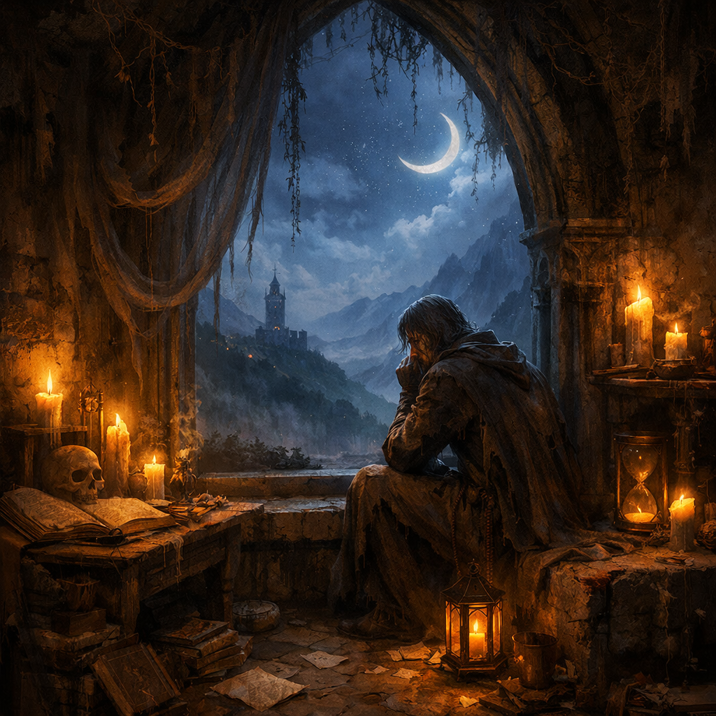 A.I. image generated from haiku text of a cloaked person sitting at an old stone window sill, surrounded by lit candles, books, a skull, and an hourglass, gazing out at a crescent moon above distant mountains and a castle.