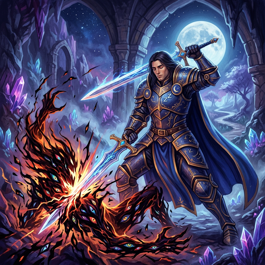 A.I. image generated from haiku text of a  knight in blue armor striking a fiery shadow creature with glowing swords inside a crystal cave