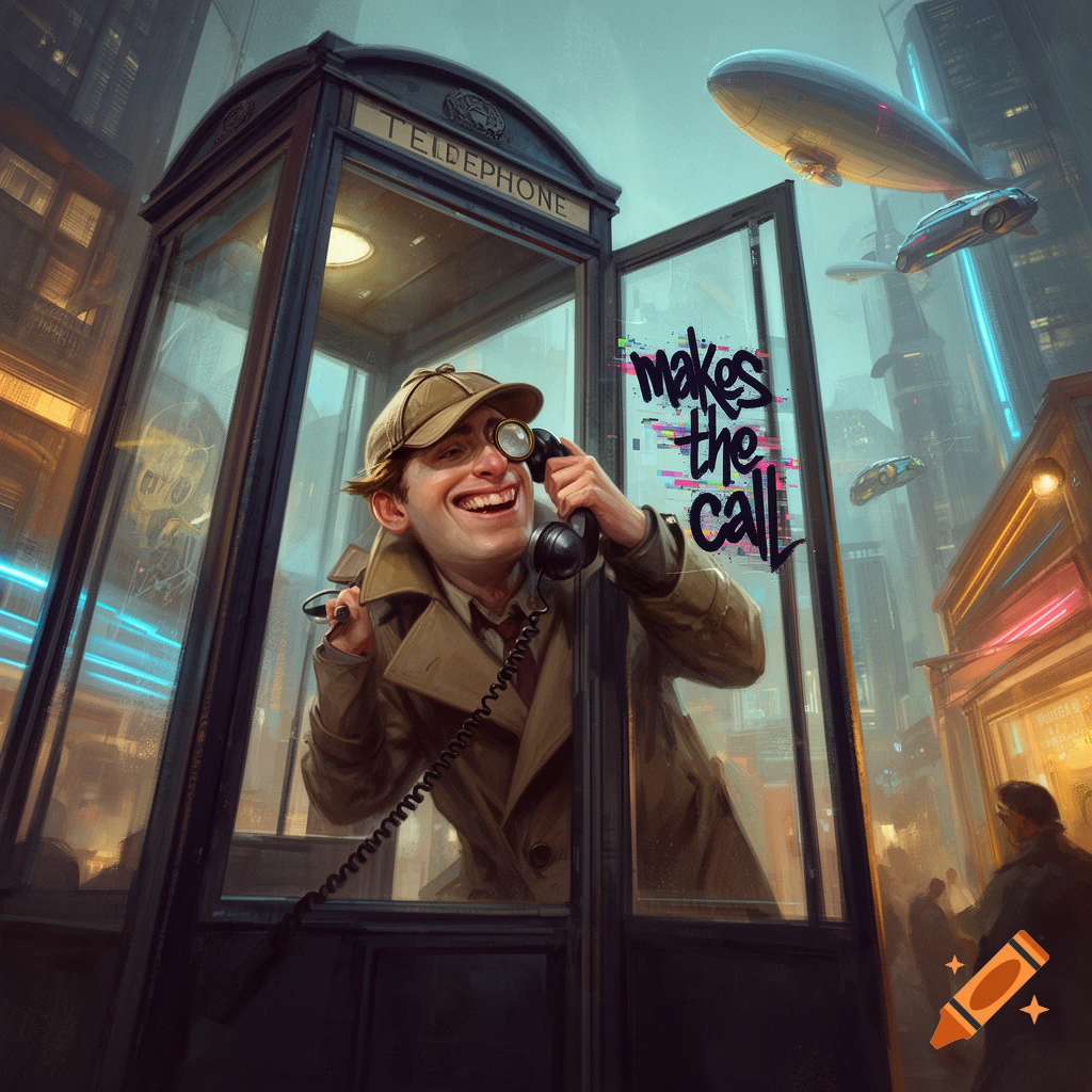 A.I. image generated from tanka text of an unusual character in Sherlock Holmes hunting cap in a telephone booth while wearing a trench coat making a phone call. craiyon.com 