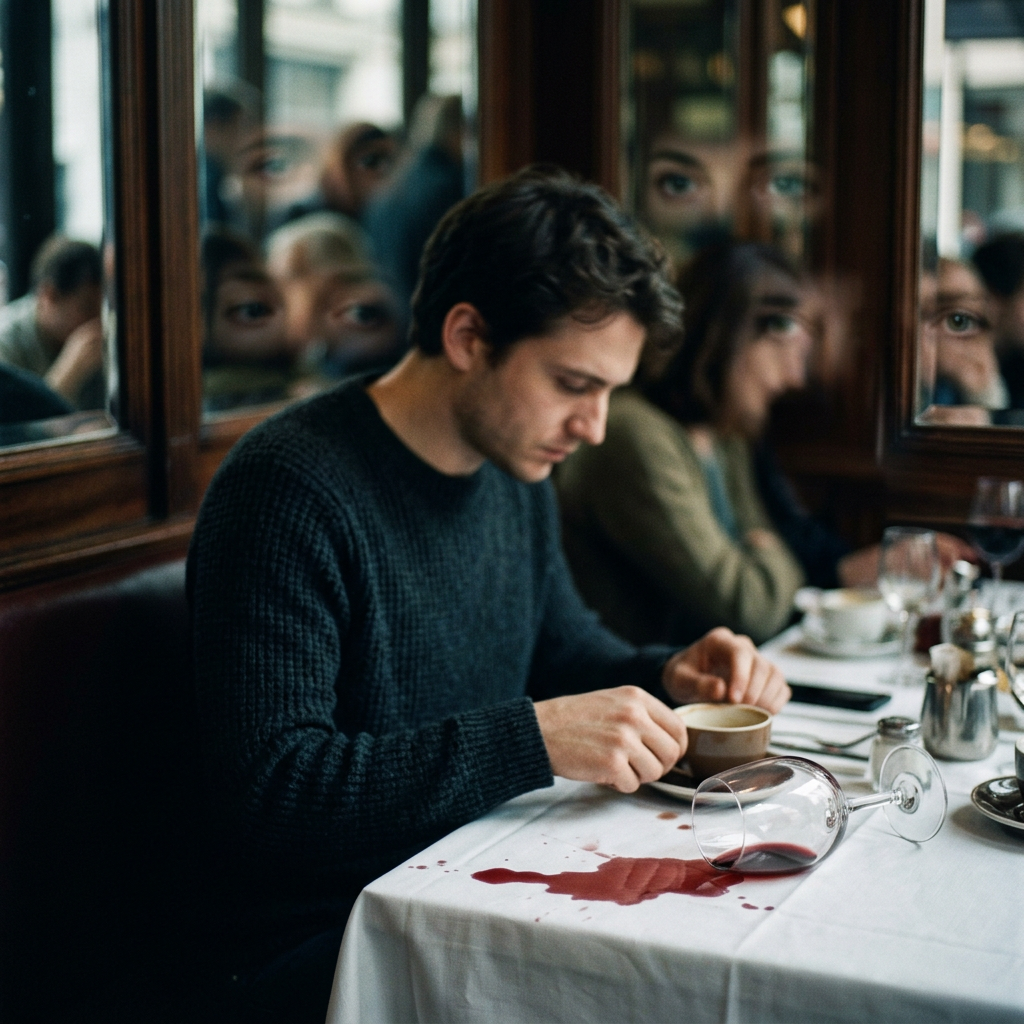 A.I. image generated from tanka text of a man sitting at a table with spilled red wine on a white tablecloth, holding a cup surrounded by many pairs of eyes reflected in glass surroundings.