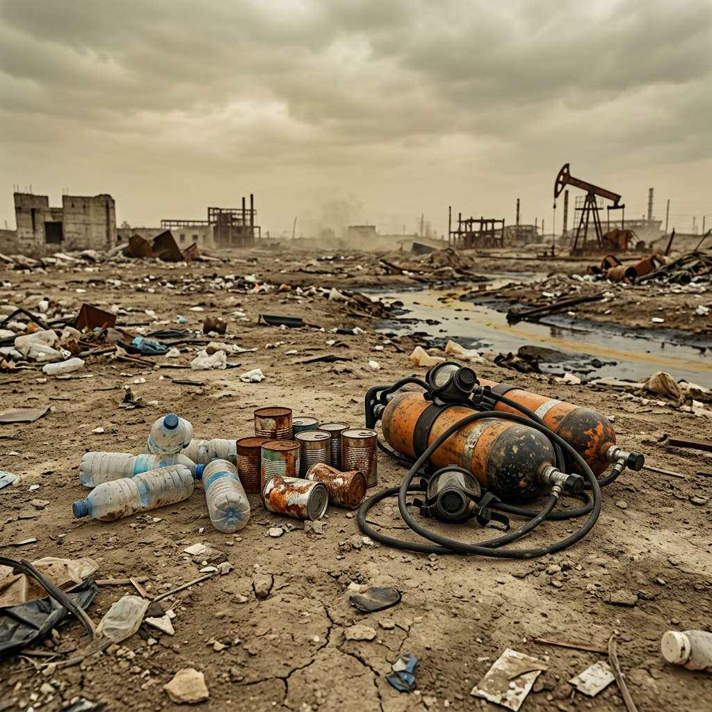 A.I. image generated from haiku text of rusty compressed gas tanks and scattered cans on cracked ground in a deserted industrial area with dilapidated buildings and oil pumpjacks in the background