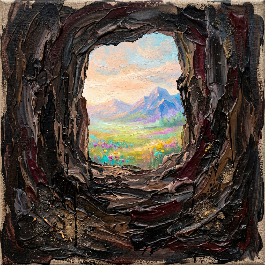 A.I. image generated from haiku text of a view through textured cave opening to colorful mountain and wildflower meadow under sky