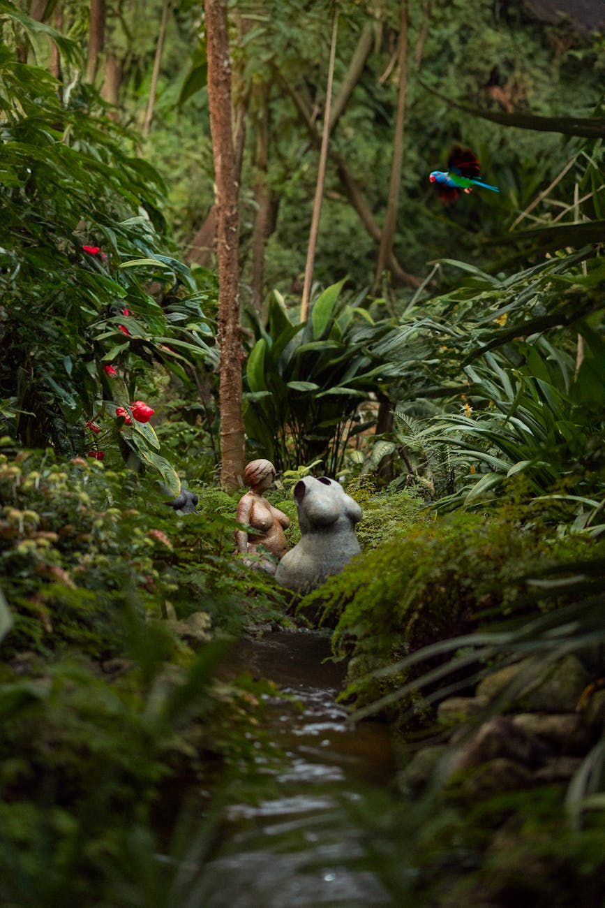 Stock photo of earth mother figurines set in a lush stream bank and forest setting from Pexels.com