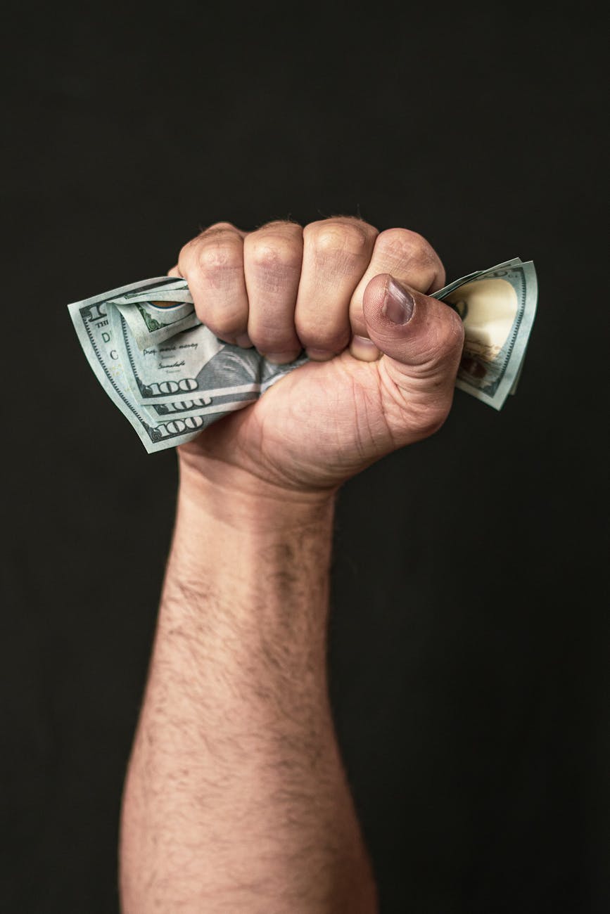 Stock photo of an upheld clenched fist full of money from Pexels.com