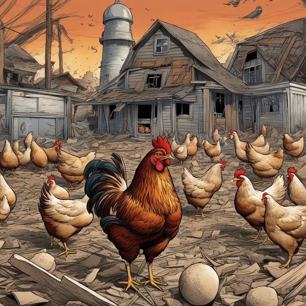 A.I. image generated from haiku text of chickens and eggs in a rundown barnyard 