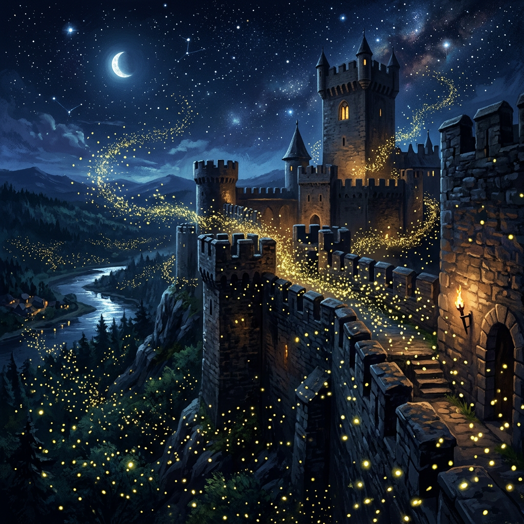 A.I. image generated from haiku text of a Medieval stone castle lit by yellow magical lights at night under crescent moon and stars
