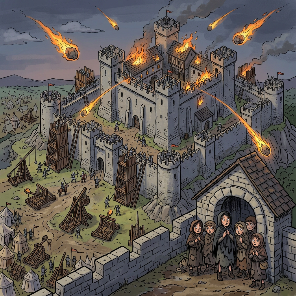 A.I. image generated from haiku text of flaming projectiles striking a medieval stone castle under siege with catapults and soldiers while children huddle in a side building / chapel.