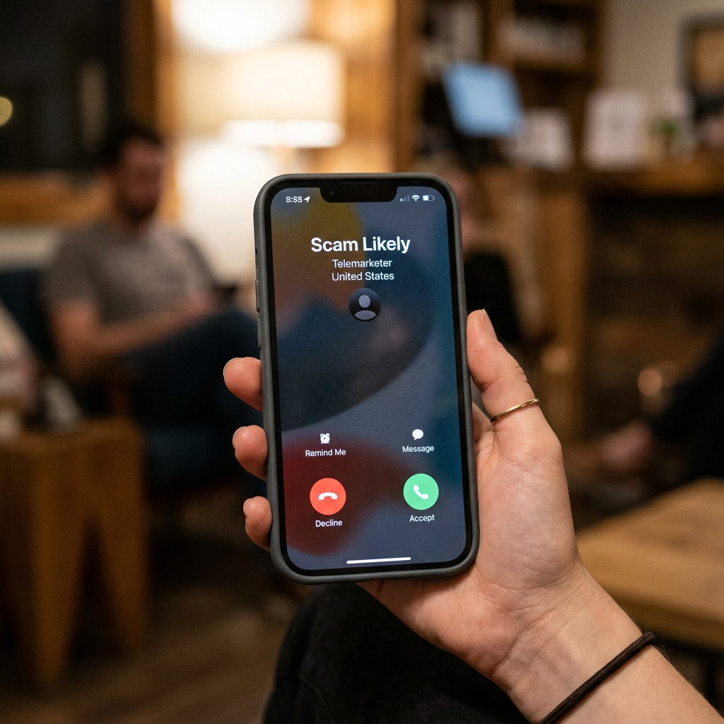 A.I. image generated from haiku text of a smartphone showing incoming call from 'Scam Likely' telemarketer with options to decline, accept, message, or remind