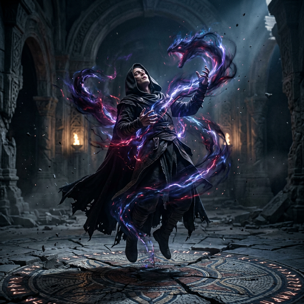 A,I, image generated from haiku text of cloaked mage levitating inside a mystical circle while conjuring a glowing purple and red serpent
