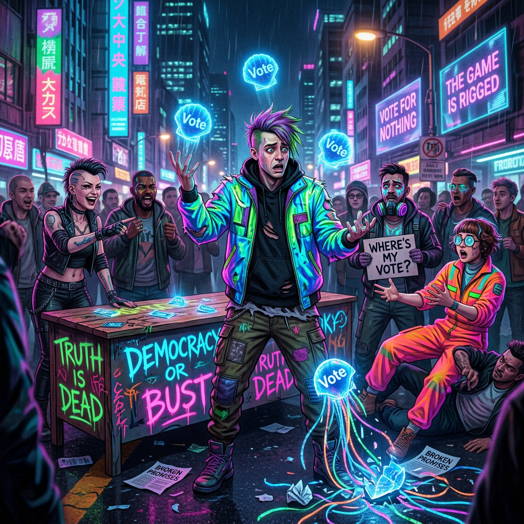 A.I. image generated from tanka text of cyberpunk misinformation protest spreading confusion and distrust
