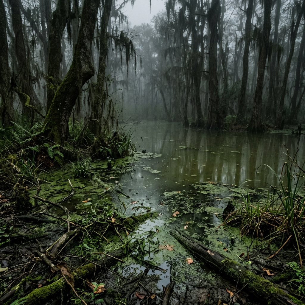 A.I. image generated from haiku text of a swamp with reflecting mossy trees and algae-covered water in dense fog