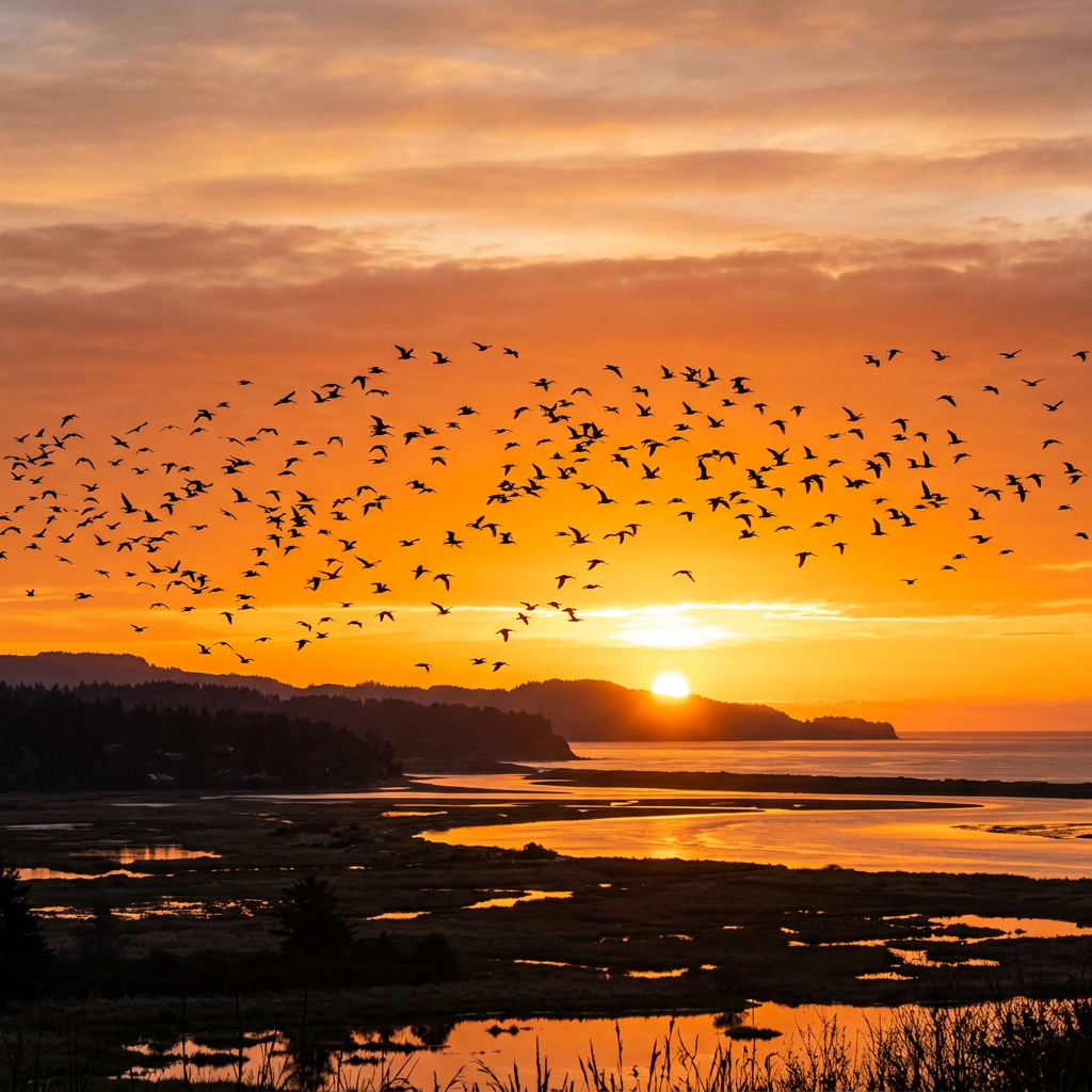 A.I. image generated from tanka text of a flock of birds flying over wetlands at sunrise with orange sky