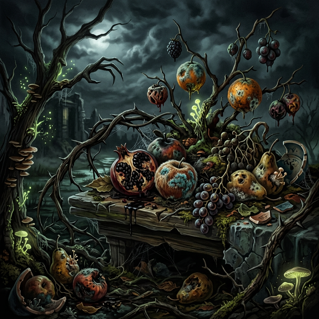 A.I. image generated from haiku text of rotting fruit, mushrooms, and twisted branches on a stone table in a dark, gloomy outdoor scene
