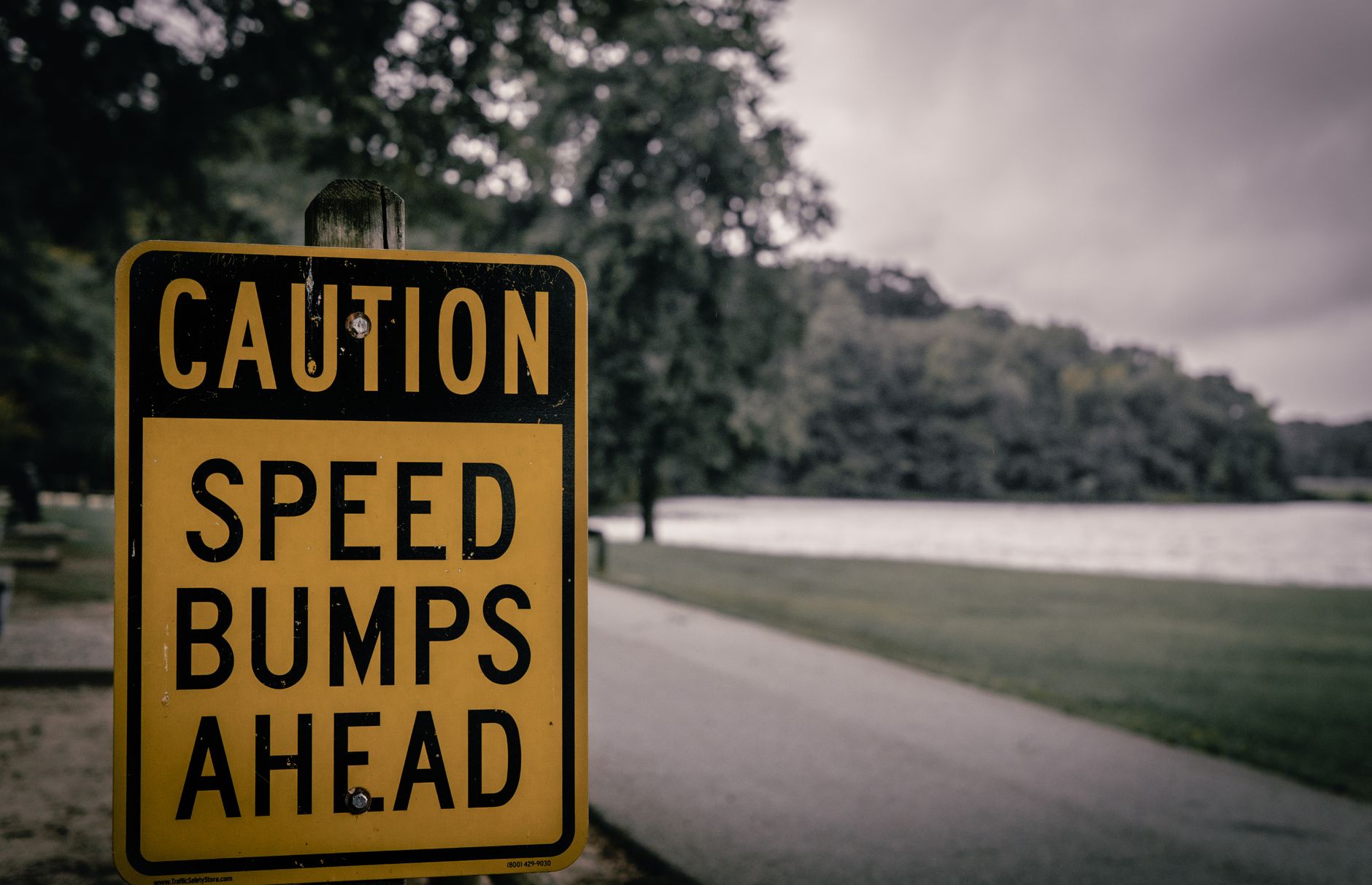 Stock photo of a caution road sign that reads Speed Bumps Ahead from Pexels.com 