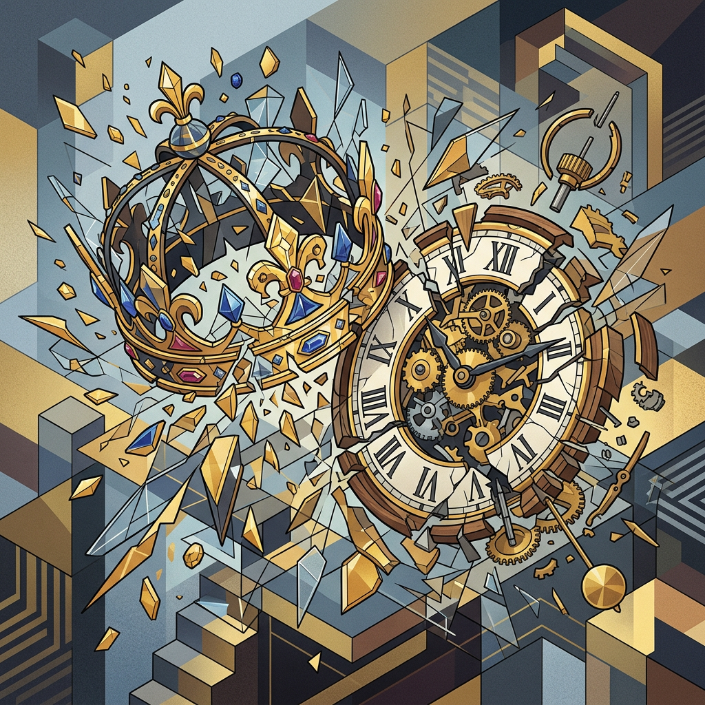 A.I. image generated from haiku text of a crown and clock shattering into pieces with visible gears and Roman numerals
