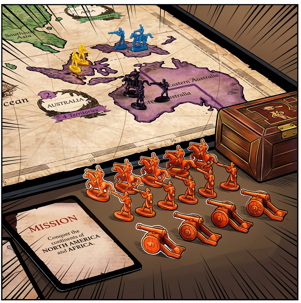 Screenshot 2026-07-07 9.45.57 AM A.I. generated comic book version of risk game board with pieces in the foreground