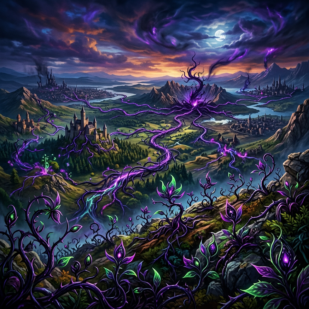 A.I. image generated from haiku text of fantasy landscape with castles and dark magical purple vines spreading across the land