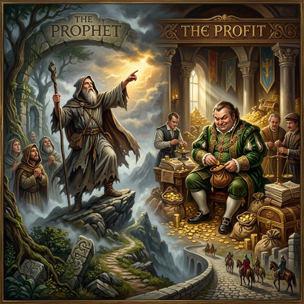 A.I. image generated from tanka text of a bearded prophet in robes gestures skyward on a rocky mountain path while a rich man counts gold coins indoors surrounded by piles of treasure