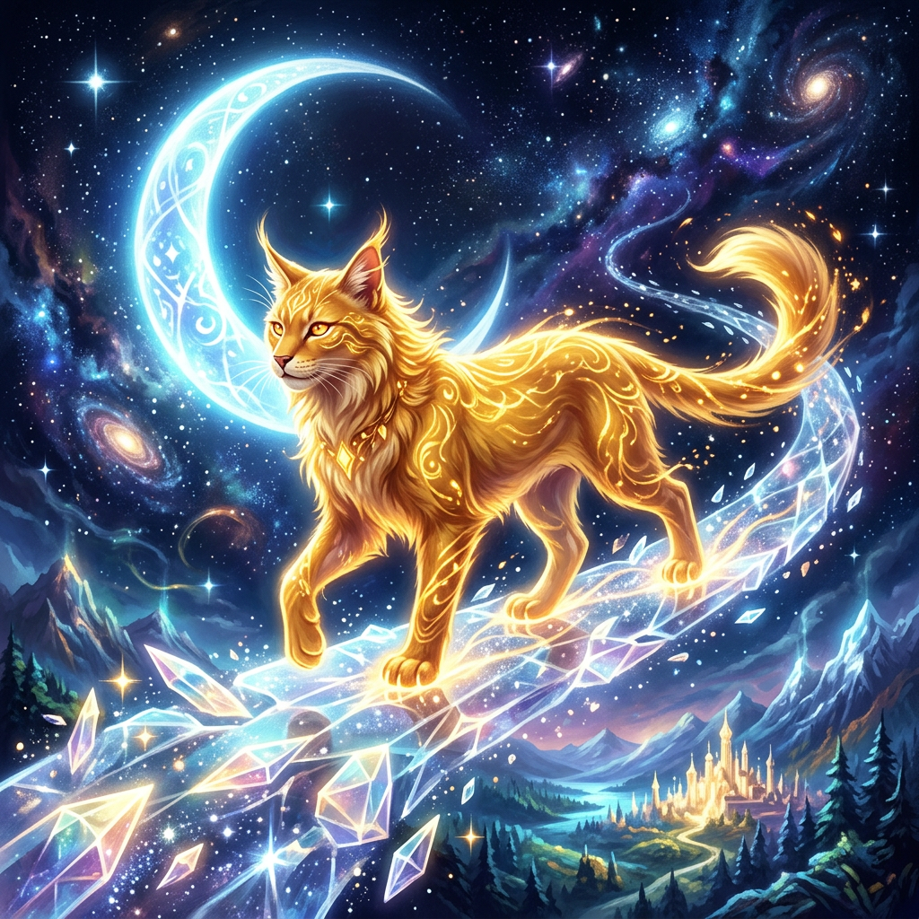 A.I. image generated from haiku text of a golden cat with glowing patterns walking on a crystalline path in a starry cosmic landscape